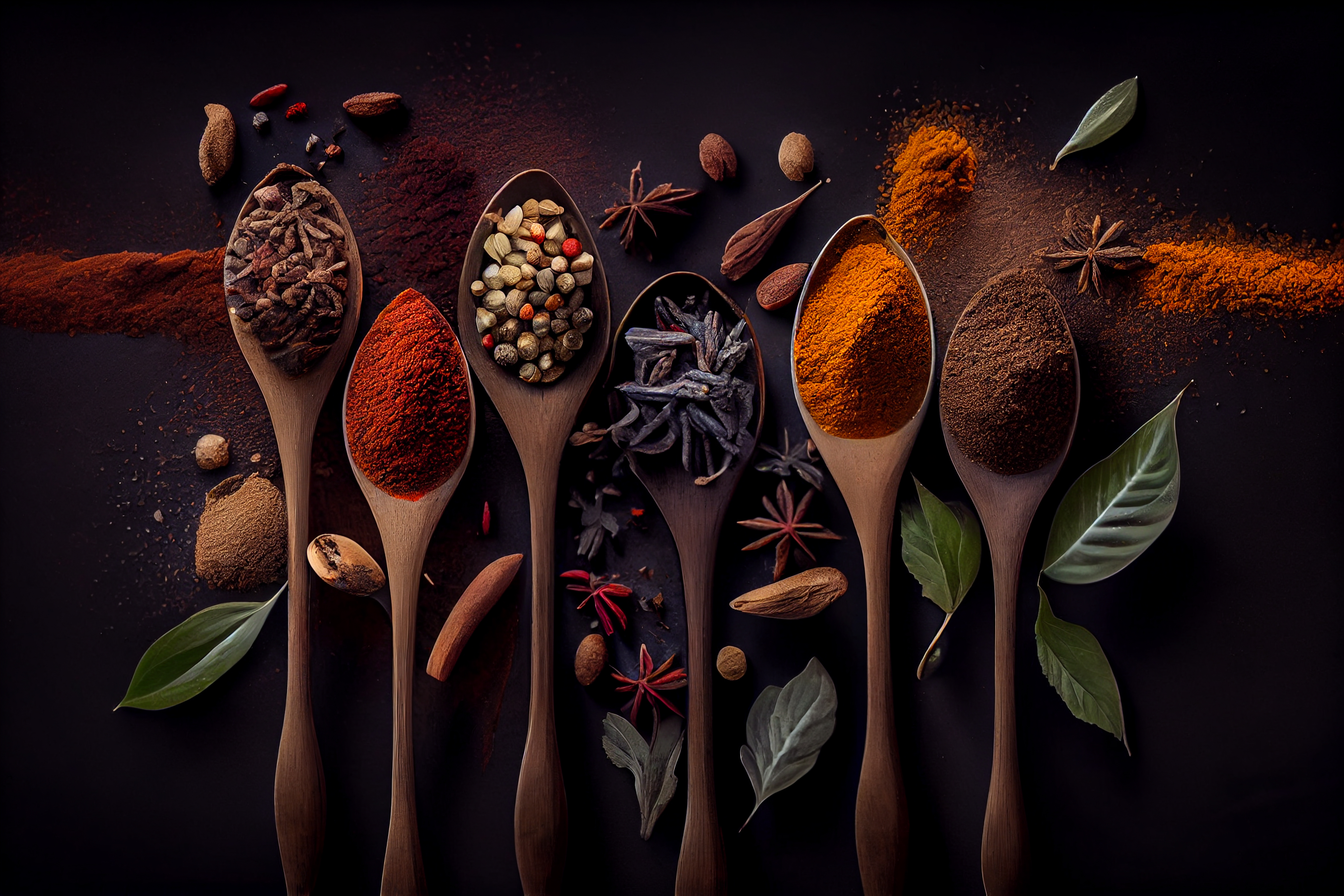 assorted seasoning spce in wooden spoons illustration Generative AI.