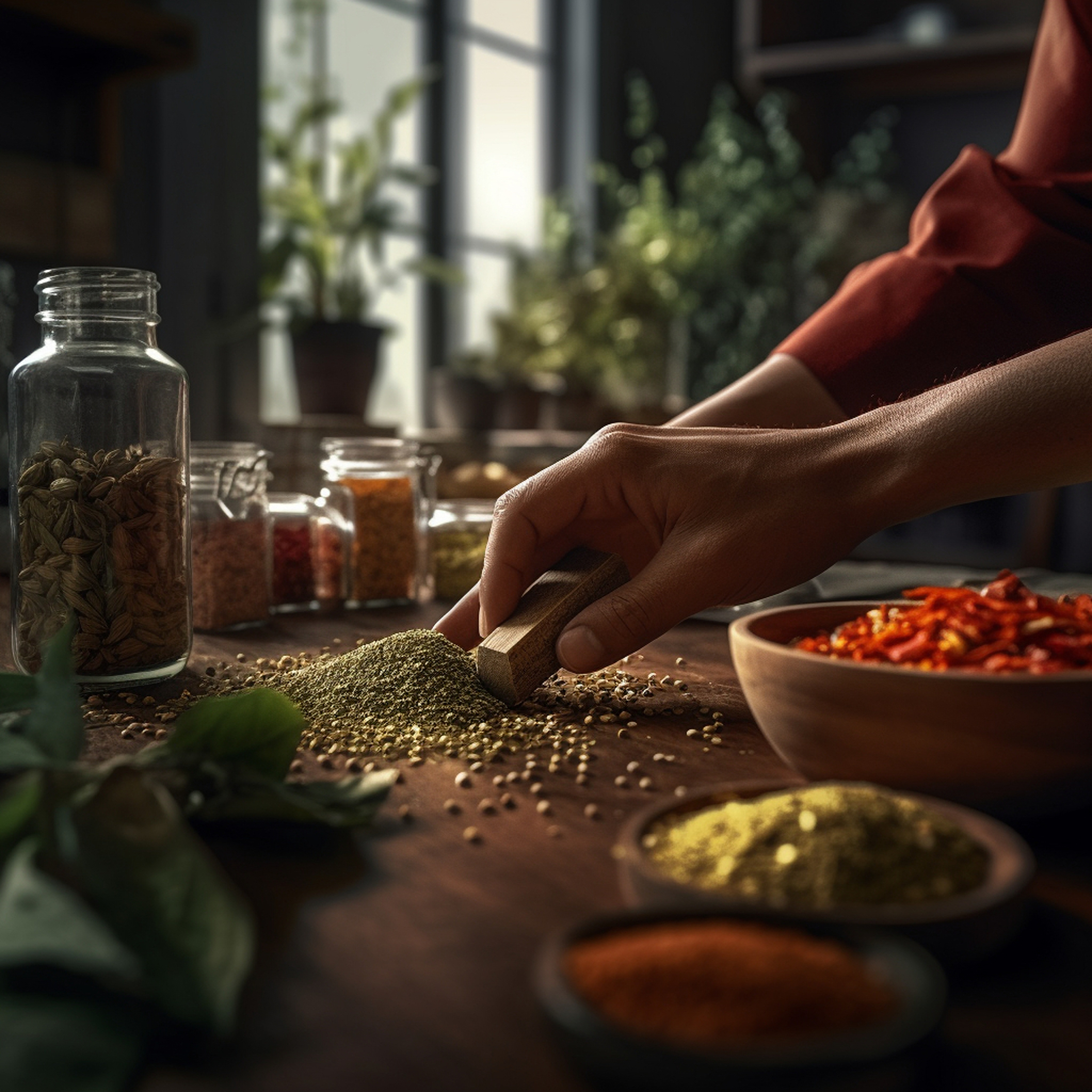 man-prepares-meal-table-with-spices-herbs